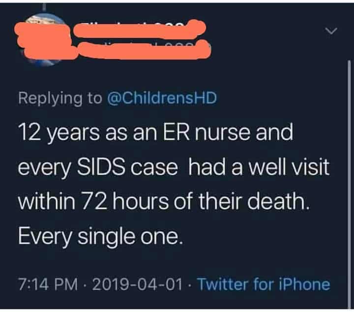 ER nurse sees SIDS after well baby visits.