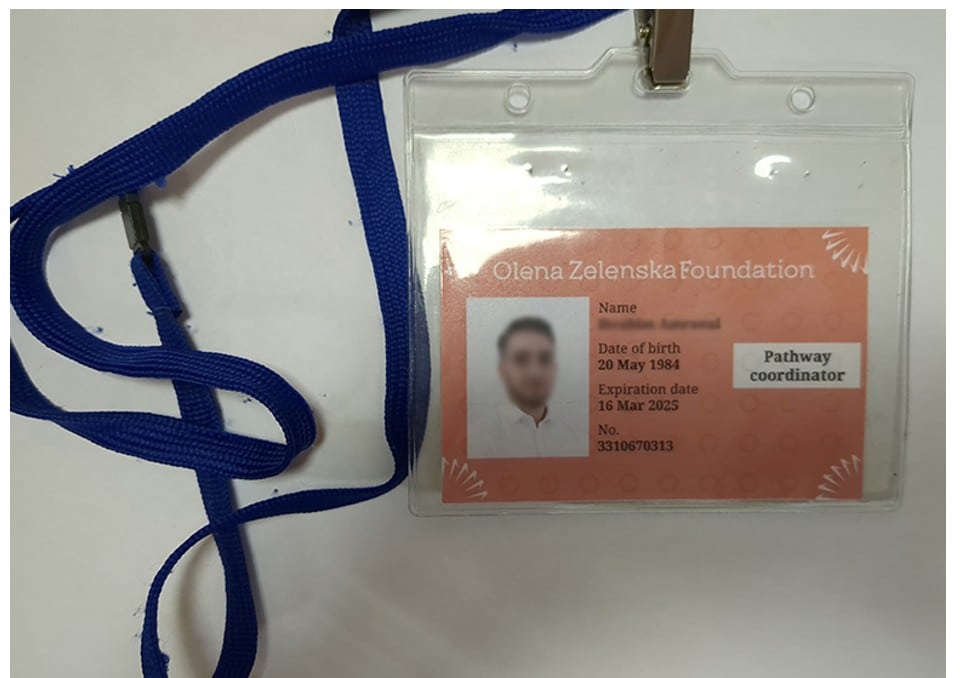 A id card with a blue strap

Description automatically generated